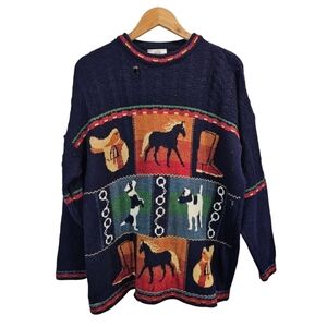 Vintage Distressed Grunge Equestrian 100% British Wool Sweater Size Large Navy